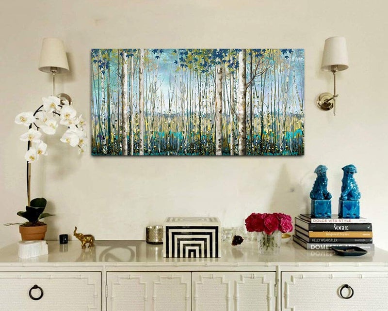 Pogusmavi Forest & Mountain Wall Art Green Birch TreeFramed Nature Landscape Pictures for Living Room, Bedroom & Office Large Paintings Wall Decor Tree and Artwork for Wall Decor - Image 5